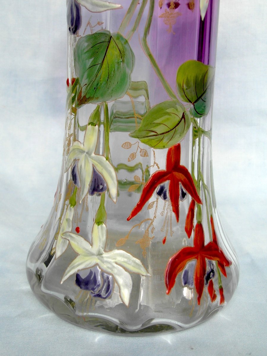 Beau Vase 1900, rare décor De Fuchsias Par Legras, Parfait, Era Daum Galle-photo-5
