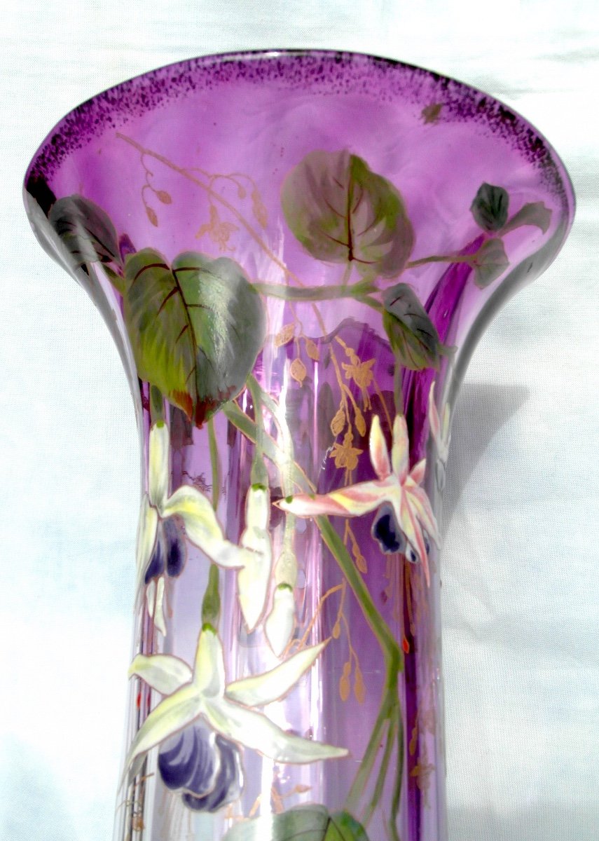 Beau Vase 1900, rare décor De Fuchsias Par Legras, Parfait, Era Daum Galle-photo-6
