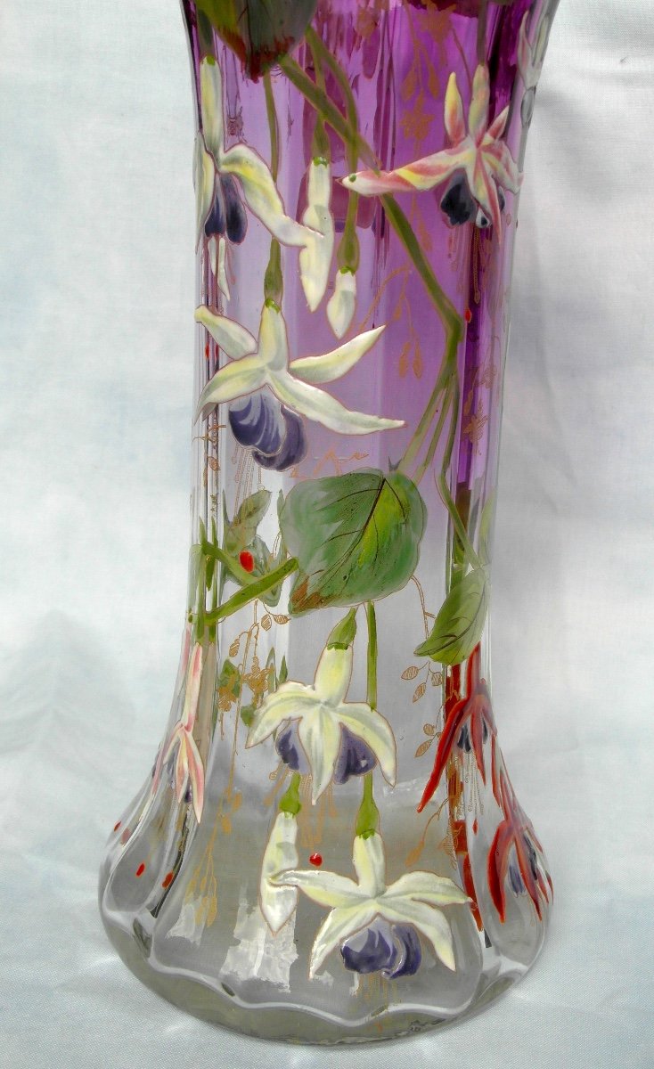 Beau Vase 1900, rare décor De Fuchsias Par Legras, Parfait, Era Daum Galle-photo-8
