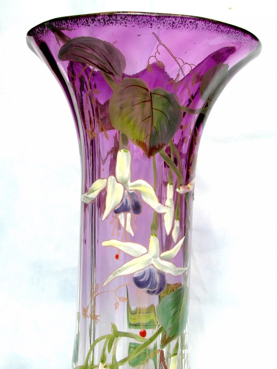 Beau Vase 1900, rare décor De Fuchsias Par Legras, Parfait, Era Daum Galle