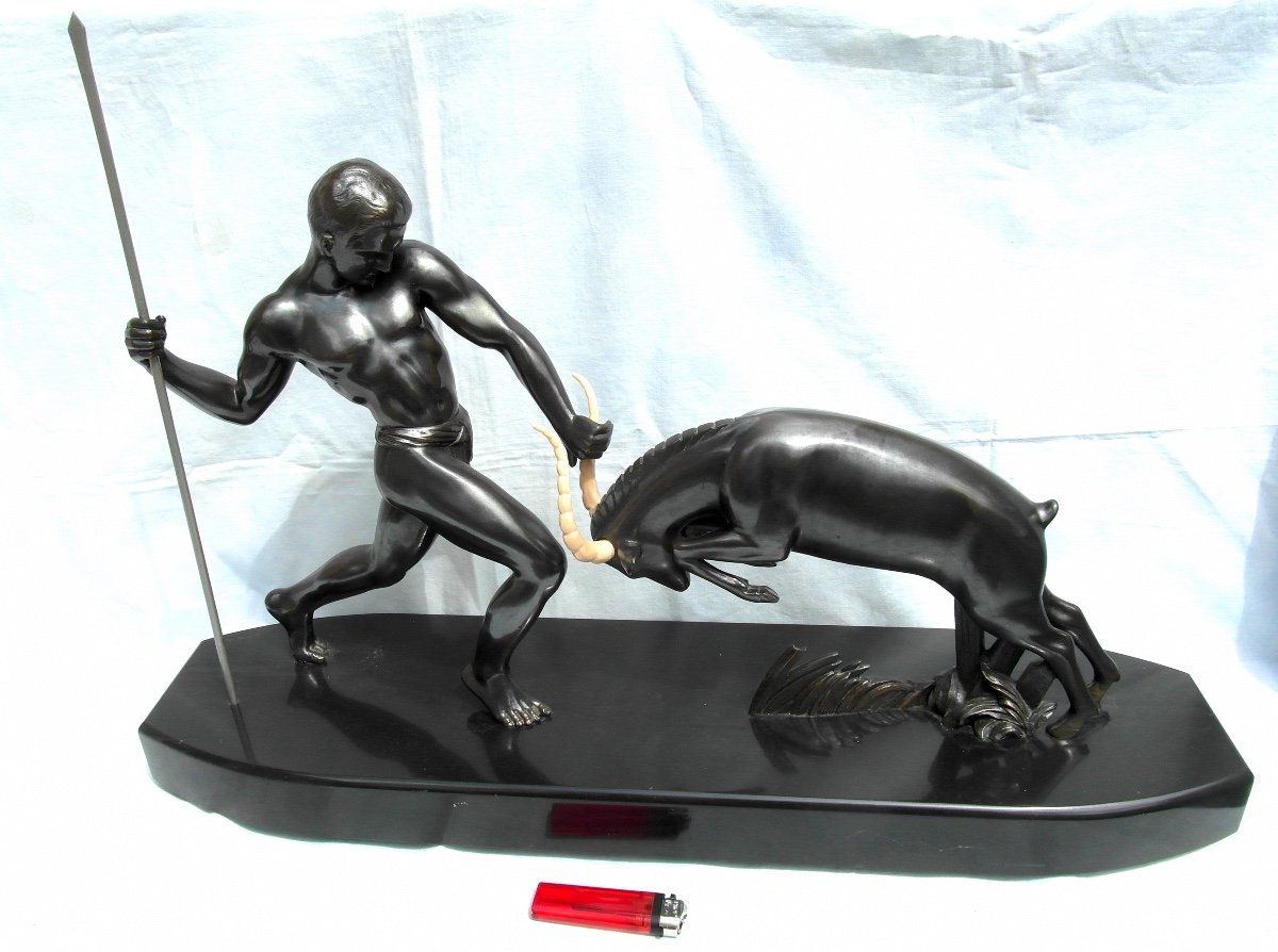 Grande Sculpture Art-déco "le Chasseur d'Antilope" Par Kowas, Parfait Era Prost Fayral 1930-photo-2