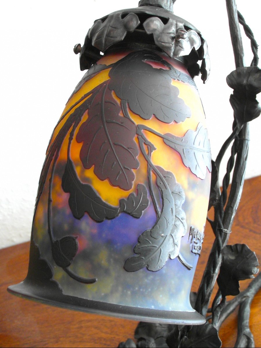Superb 1900 Lamp With Tulip And Oak Base By Muller And Louis Van Boeckel, Daum Era -photo-5