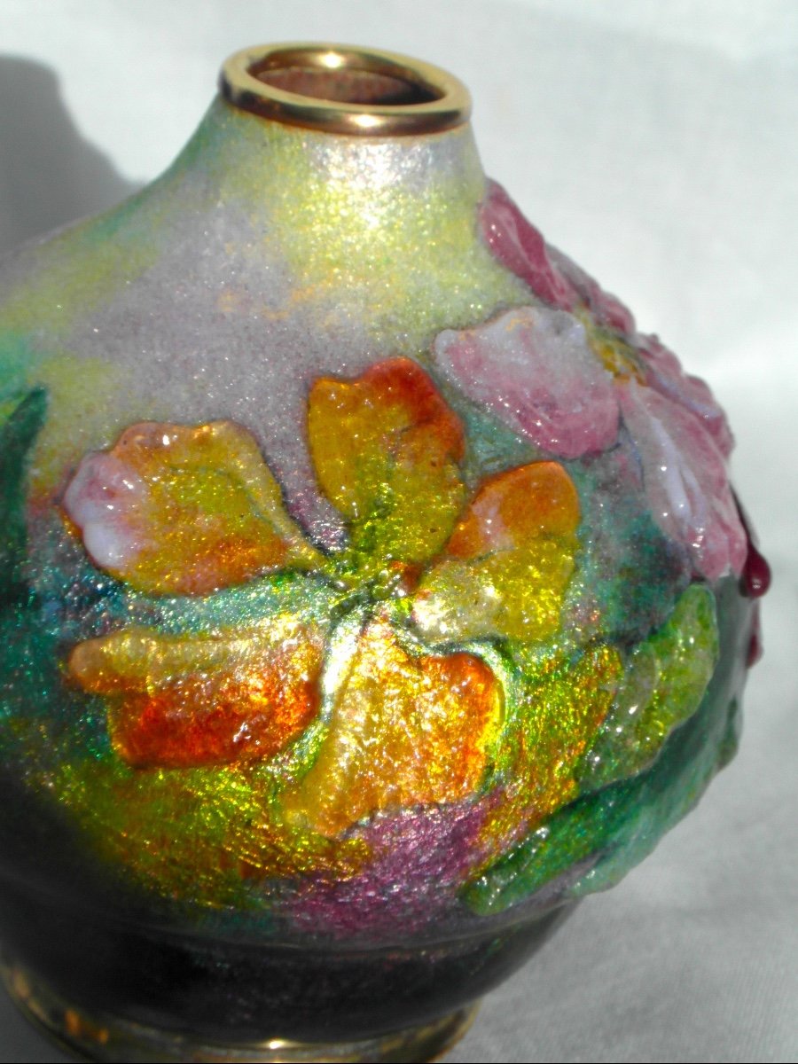 Beautiful Vase With Ipomea Decor In Limoges Enamels By Camille Faure, Daum Era 1920 Art Deco-photo-1