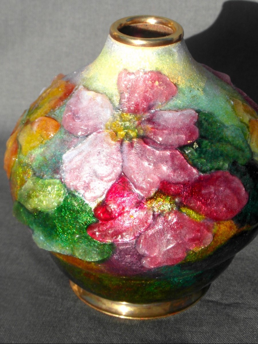 Beautiful Vase With Ipomea Decor In Limoges Enamels By Camille Faure, Daum Era 1920 Art Deco-photo-4