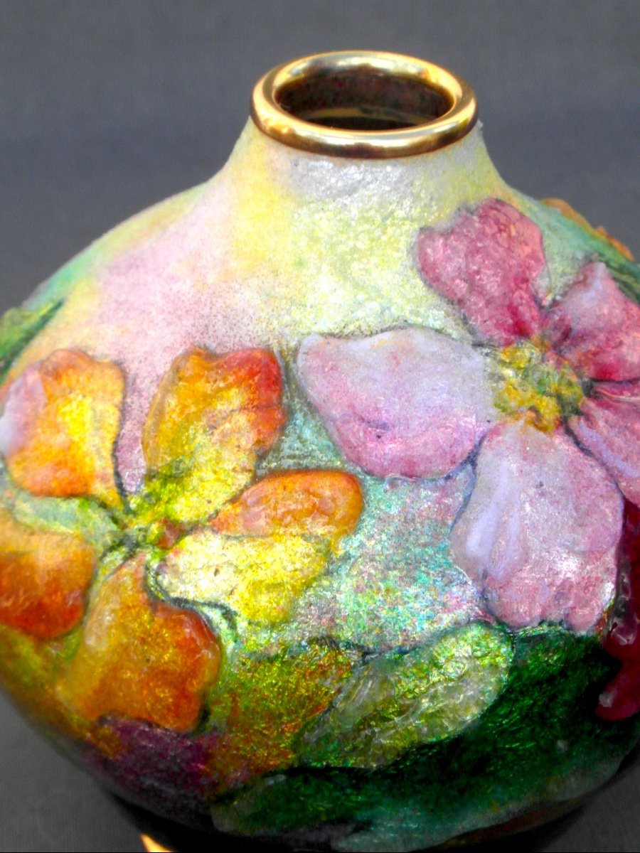 Beautiful Vase With Ipomea Decor In Limoges Enamels By Camille Faure, Daum Era 1920 Art Deco-photo-5