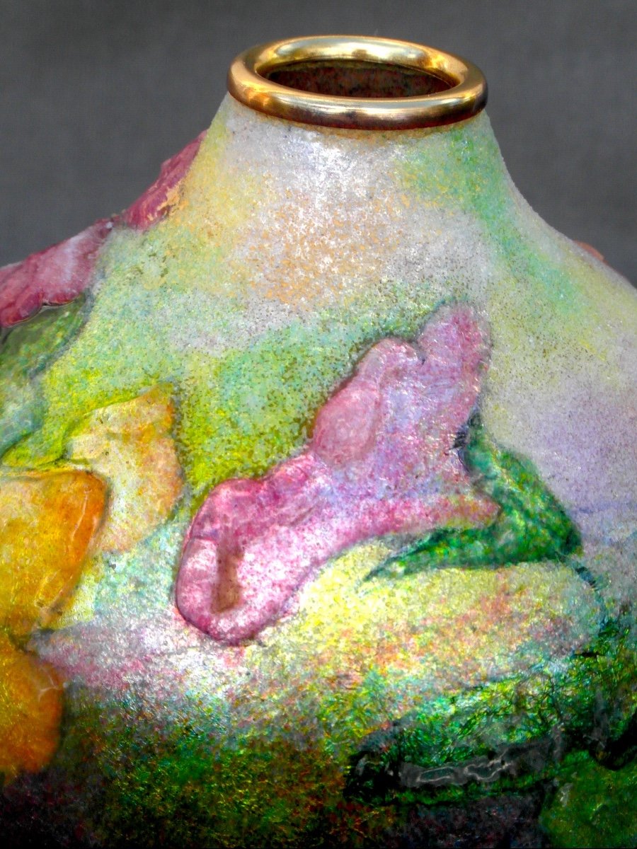Beautiful Vase With Ipomea Decor In Limoges Enamels By Camille Faure, Daum Era 1920 Art Deco-photo-7