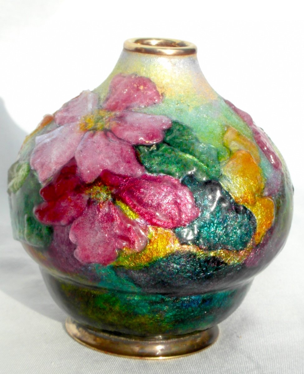 Beautiful Vase With Ipomea Decor In Limoges Enamels By Camille Faure, Daum Era 1920 Art Deco