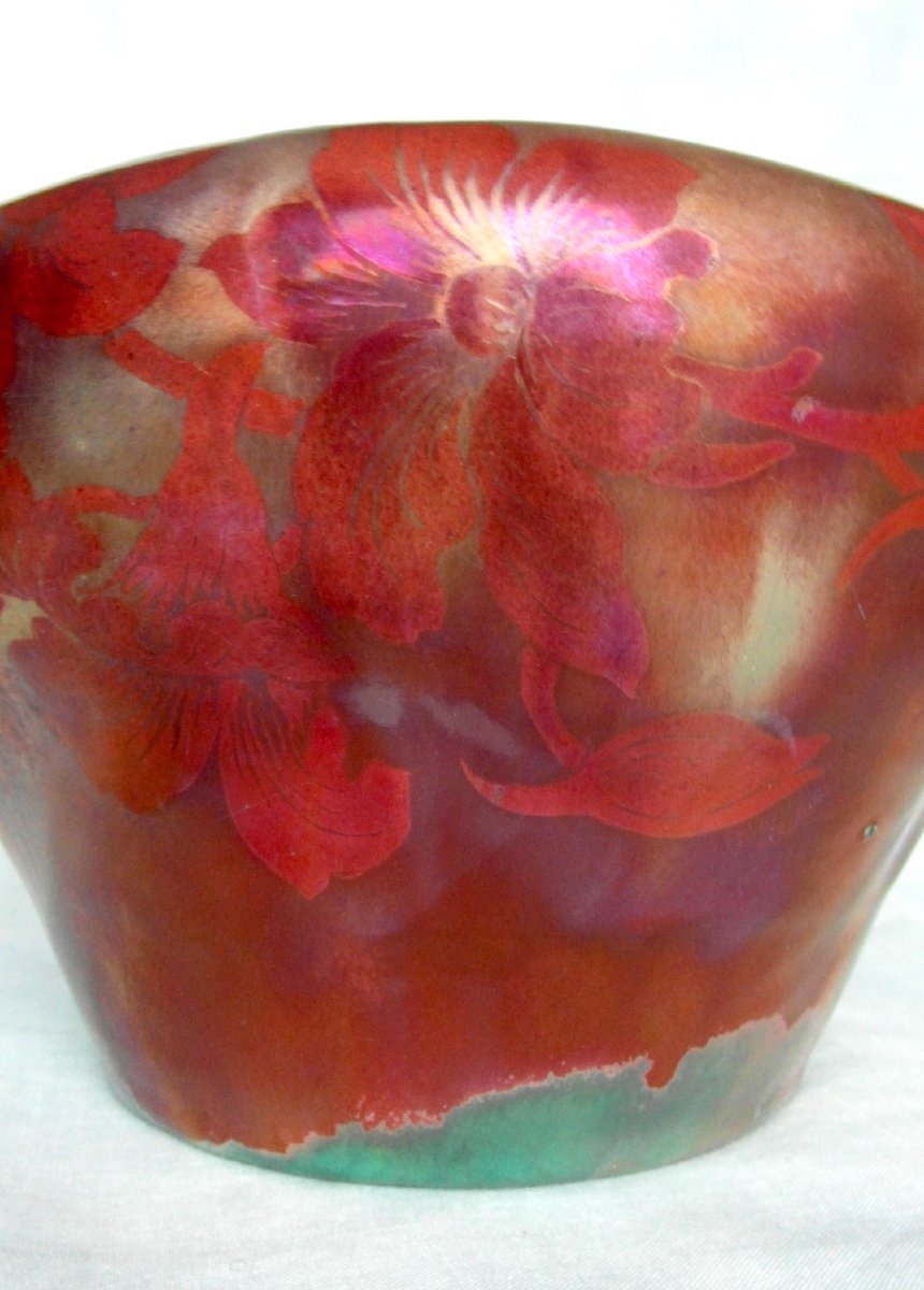 Superb And Rare 1900 Iridescent Vase With Bignones By E. Bussière, Daum Massier Montières Era 1900-photo-2