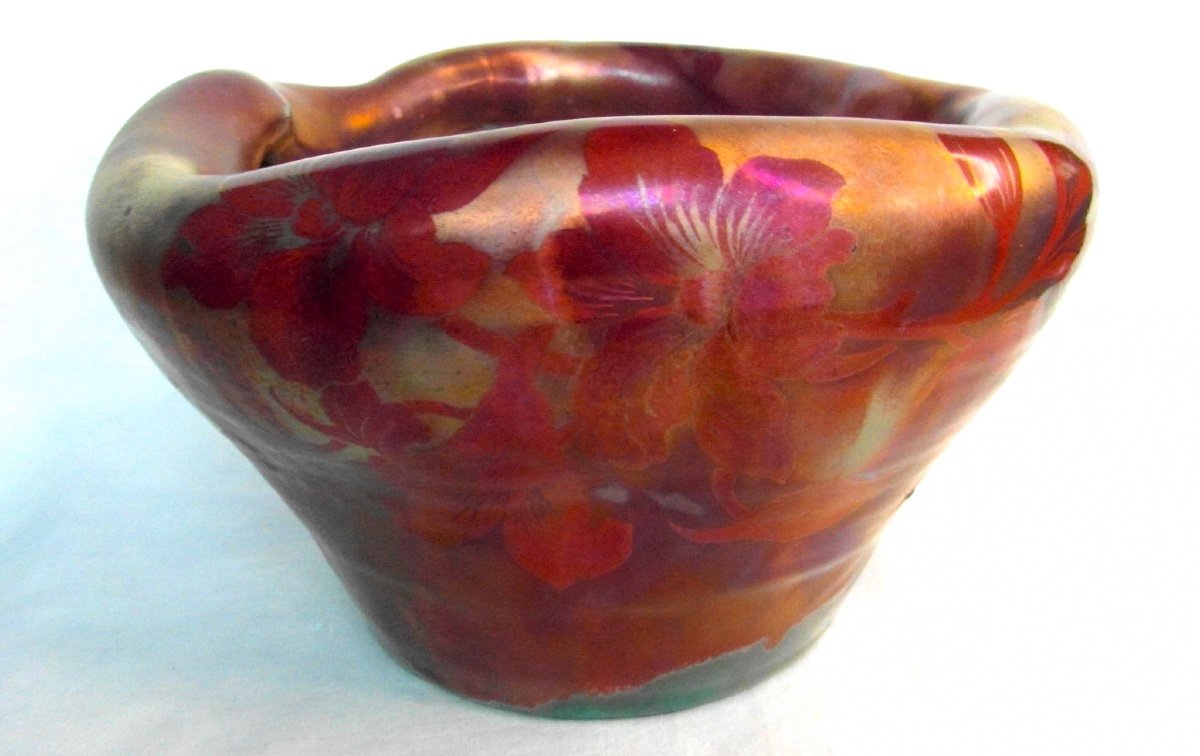 Superb And Rare 1900 Iridescent Vase With Bignones By E. Bussière, Daum Massier Montières Era 1900-photo-3