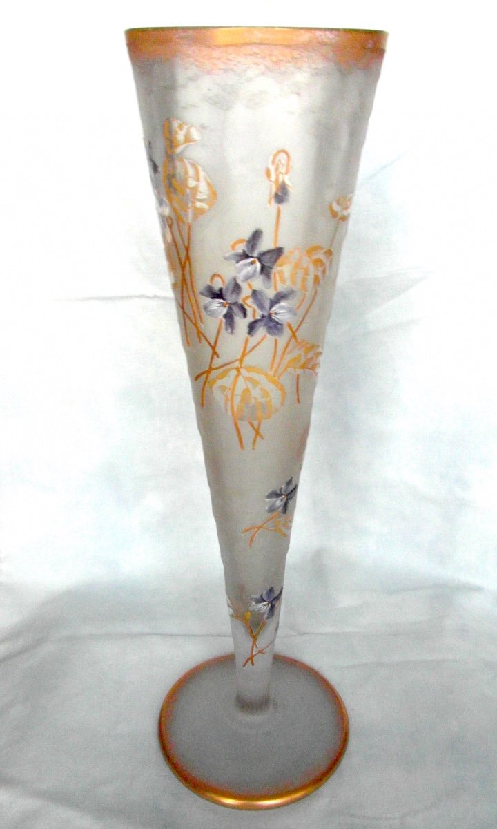 Beautiful Large Cornet Vase "violets Aux Vents" By Montjoye, 40 Cm, Perfect, Era Legras Daum 1900-photo-2