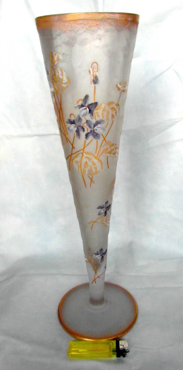 Beautiful Large Cornet Vase "violets Aux Vents" By Montjoye, 40 Cm, Perfect, Era Legras Daum 1900-photo-3