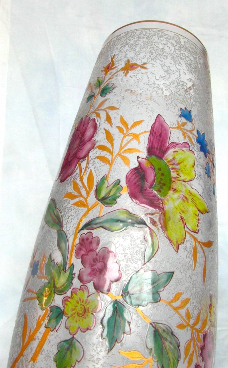 Large Engraved Vase "flowers And Butterfly" By Baccarat, Daum Era Daum Galle 1900-photo-5