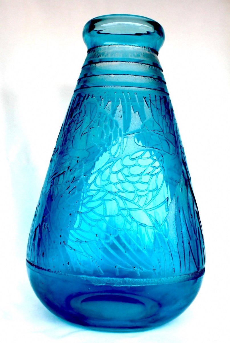 Gros Vase Art-déco à Décor d'échassiers Par DELATTE, 35 cm, Era Daum Lalique Muller-photo-3
