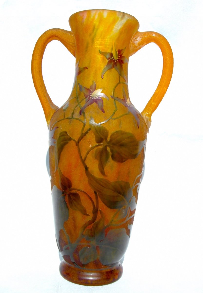 Daum Vase With Applied Handles Decorated With Solanaceae, Galle Era 1900-photo-3
