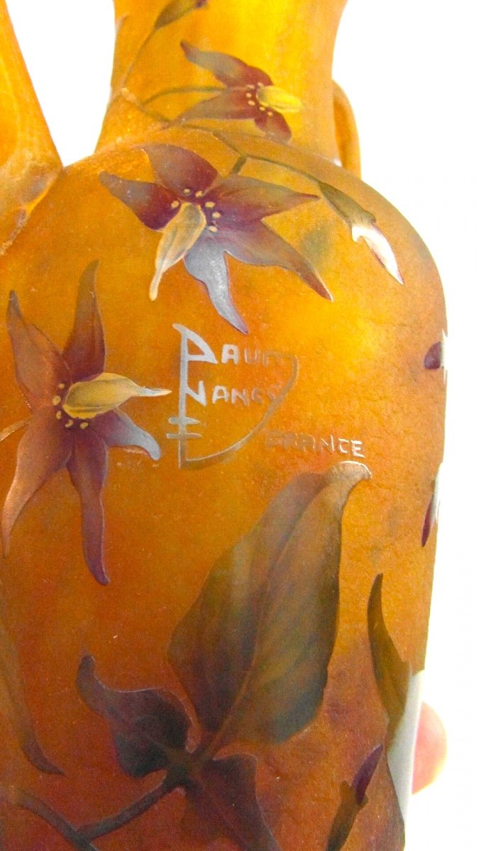 Daum Vase With Applied Handles Decorated With Solanaceae, Galle Era 1900-photo-4