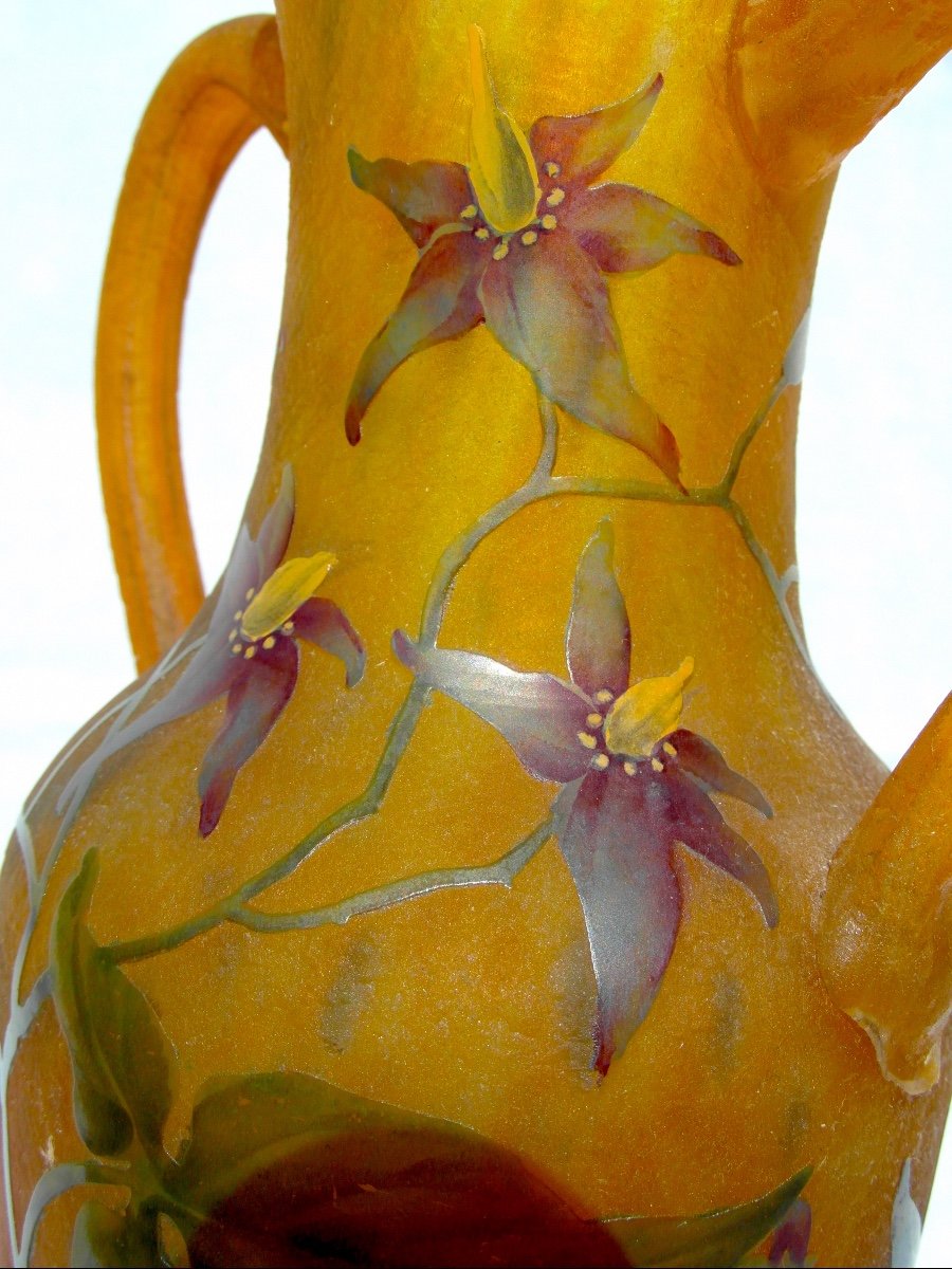 Daum Vase With Applied Handles Decorated With Solanaceae, Galle Era 1900-photo-1