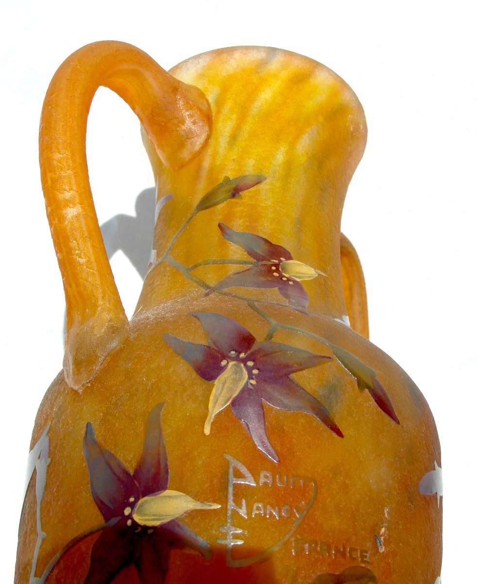 Daum Vase With Applied Handles Decorated With Solanaceae, Galle Era 1900-photo-2