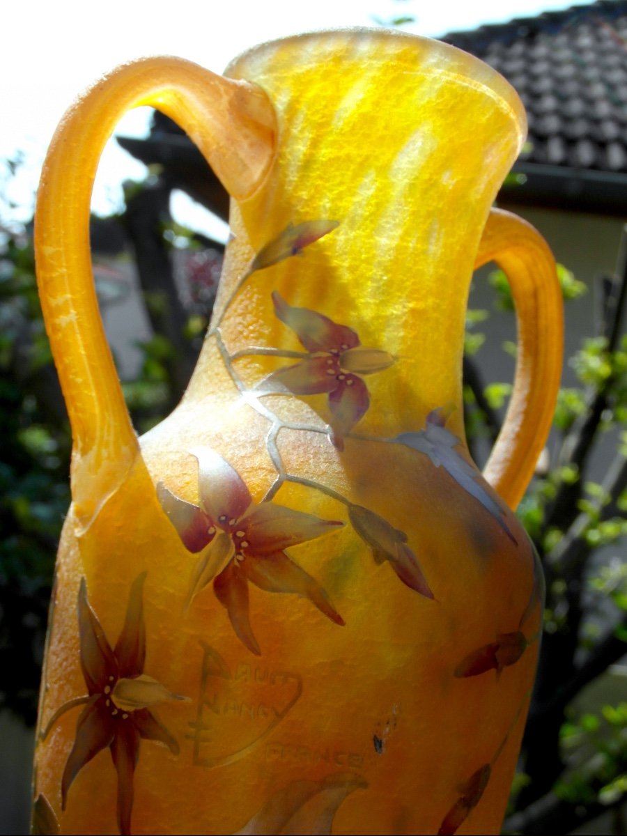 Daum Vase With Applied Handles Decorated With Solanaceae, Galle Era 1900-photo-6