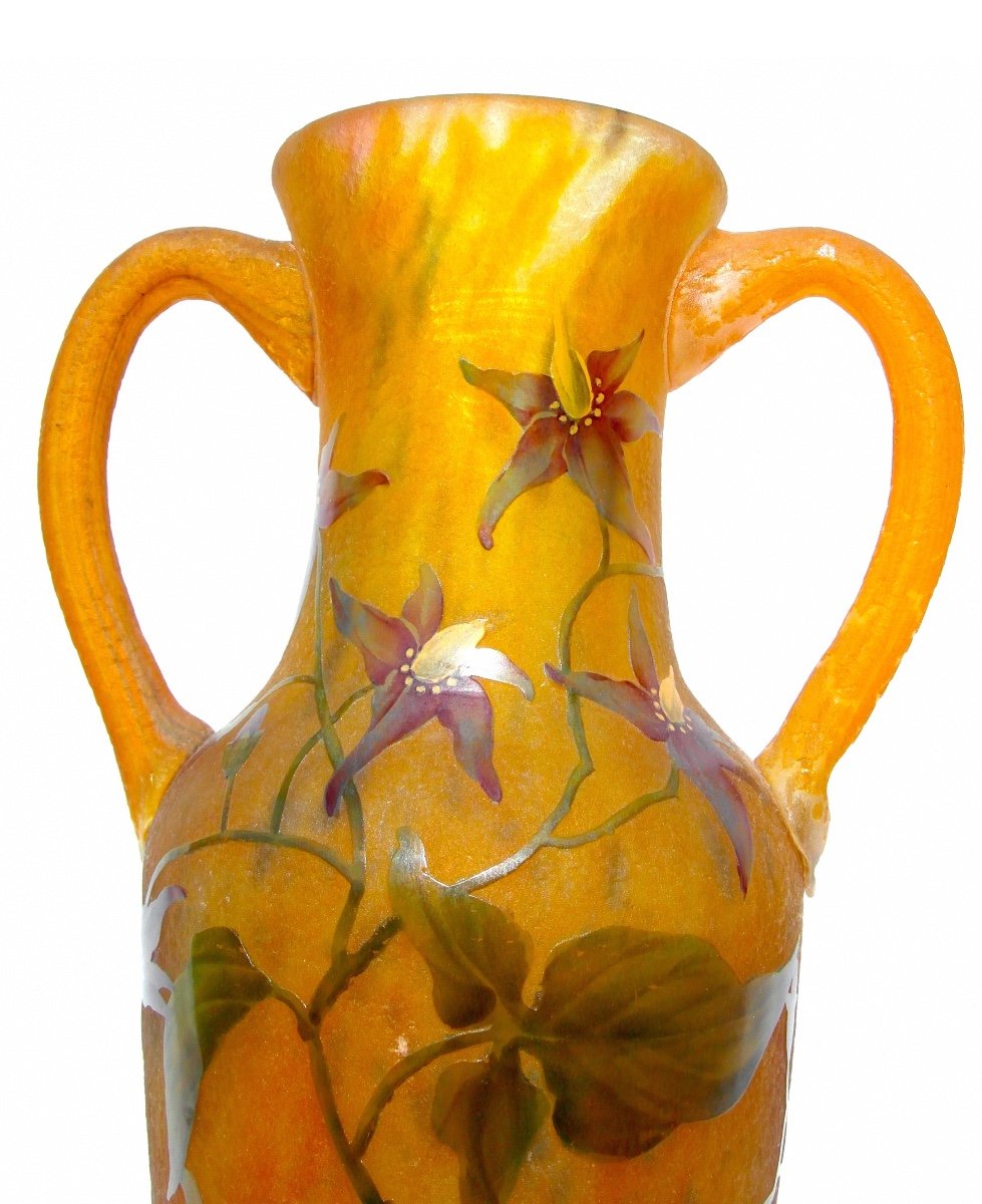 Daum Vase With Applied Handles Decorated With Solanaceae, Galle Era 1900