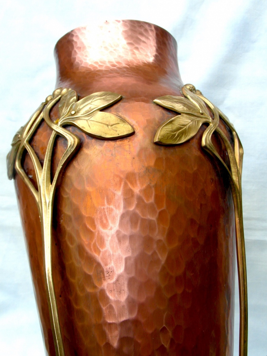 Large 1900 Jugenstil Hammered Copper Vase By Wmf, Daum Art Nouveau Era-photo-4