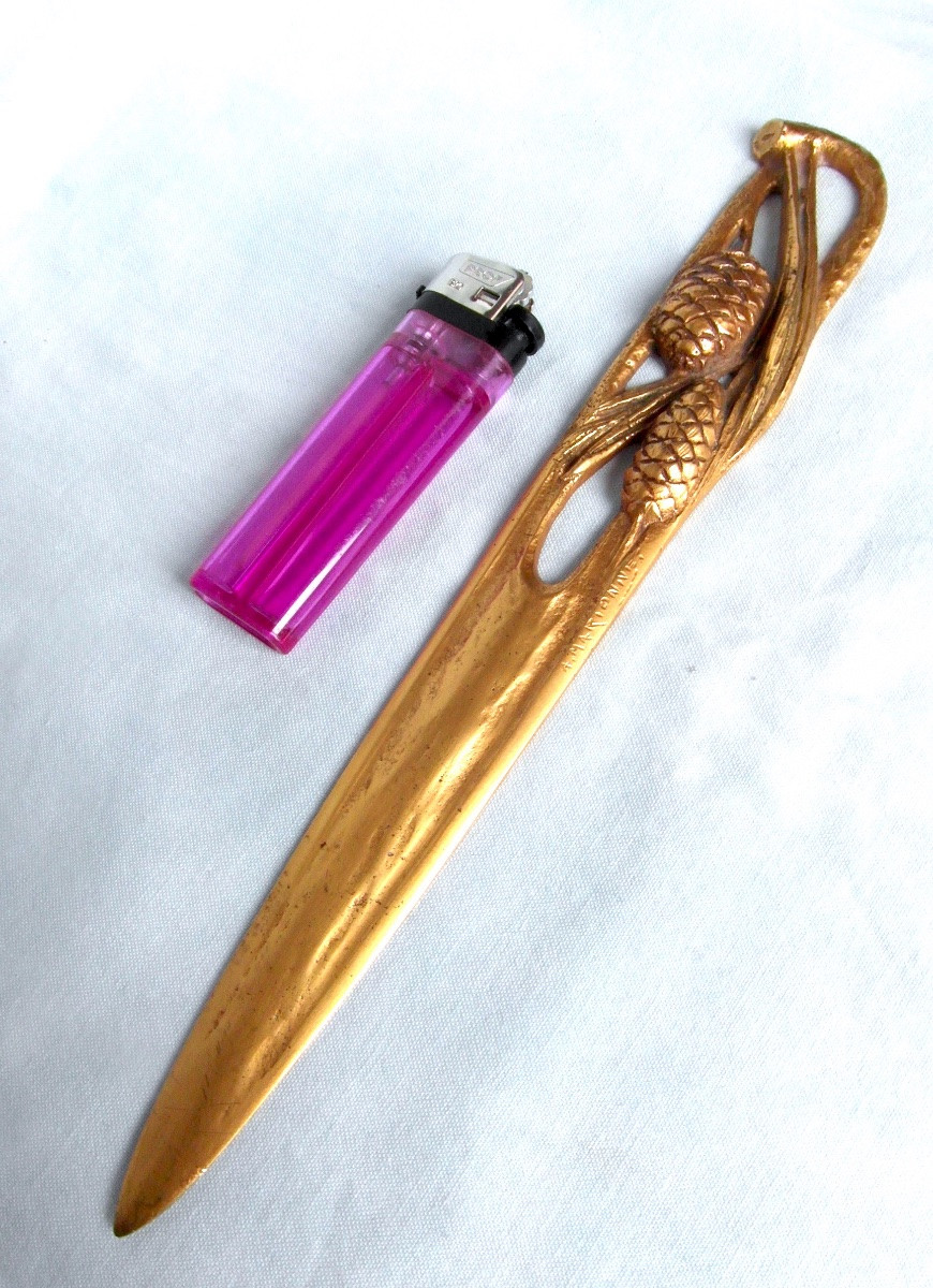 1900 Gilt Bronze Letter Opener By A.marionnet "pine Cones" In Its Original Case-photo-3
