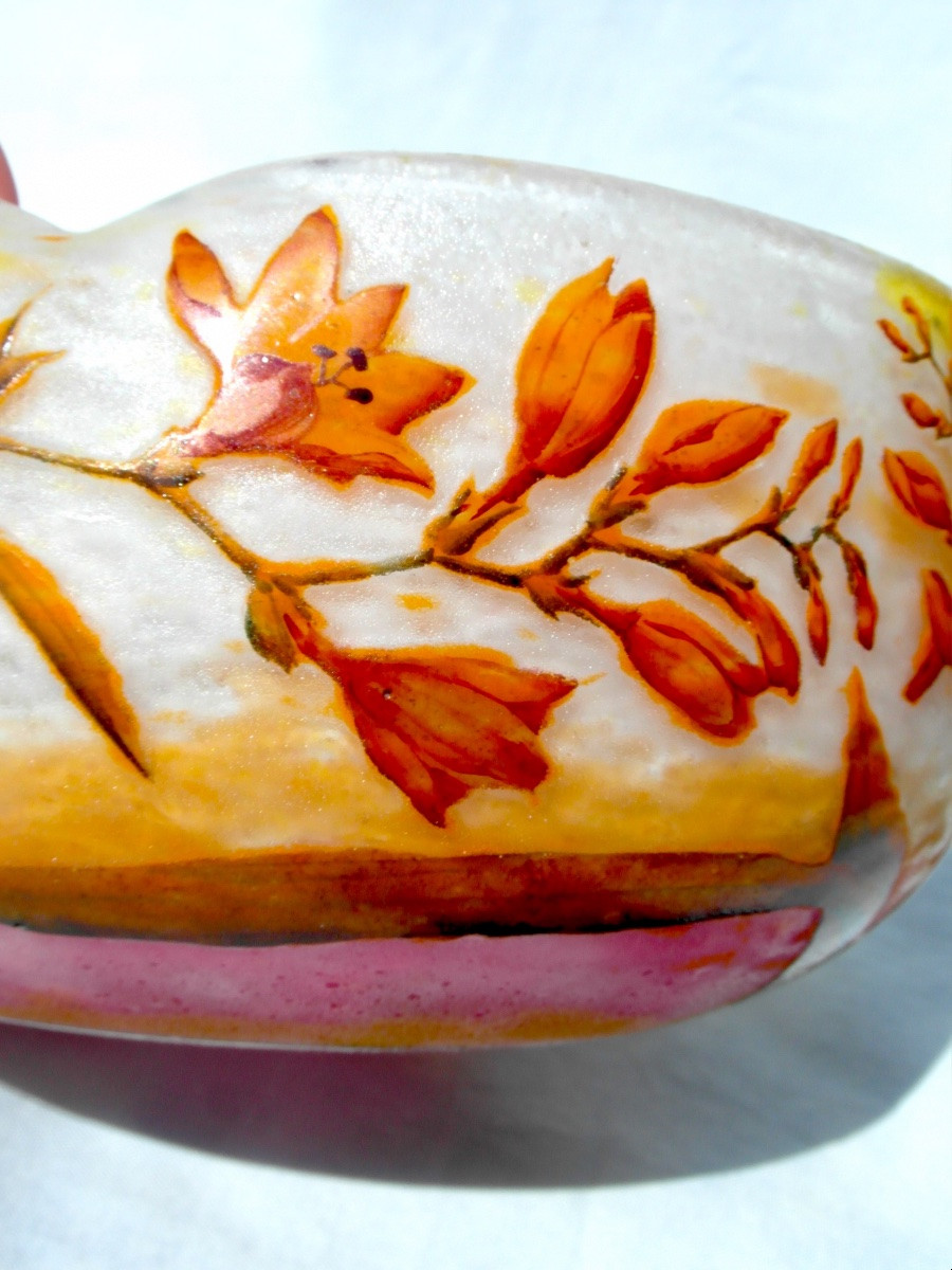Daum Cup With Monbretias, Perfect, Model By Henri Bergé, Circa 1905, Galle Art Nouveau Era-photo-1