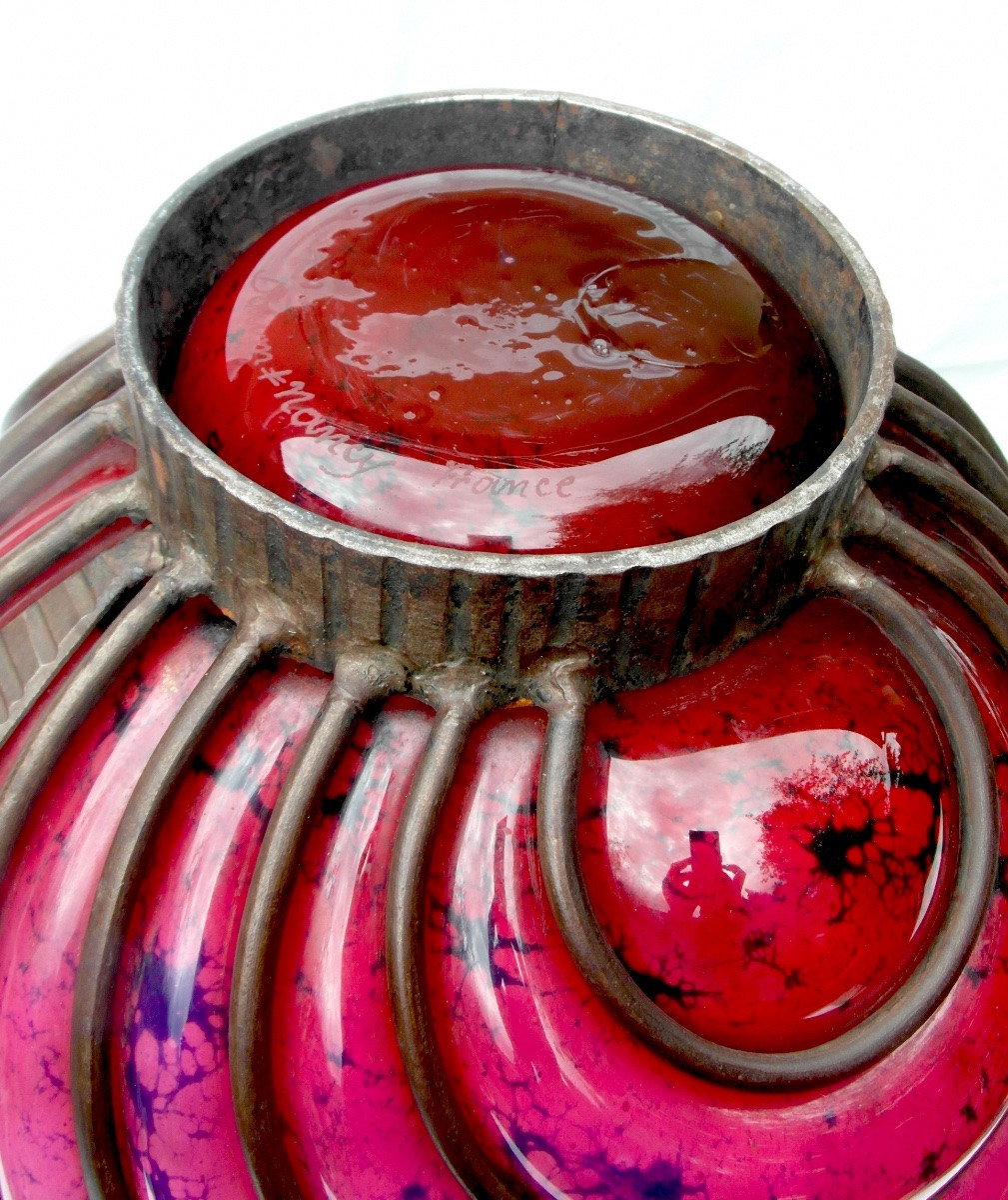 Monumental Art Deco Vase In Jade Glass And Wrought Iron By Daum And Majorelle, Galle Era 1920-photo-6