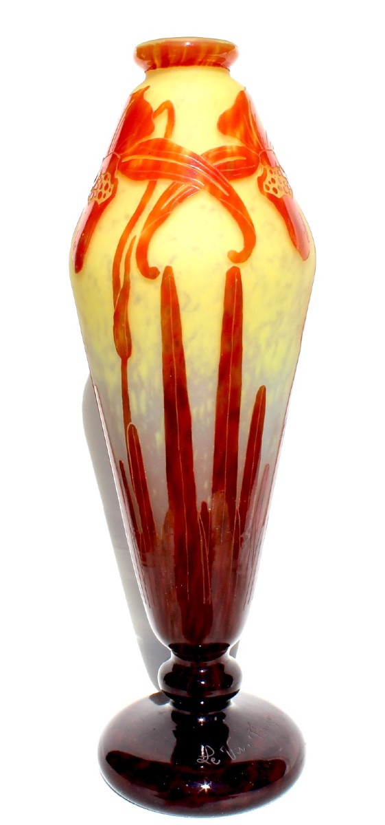 Large Art Deco "orchids" Vase By Schneider French Glass, 39 Cm, Perfect, Daum Gallé Era-photo-3