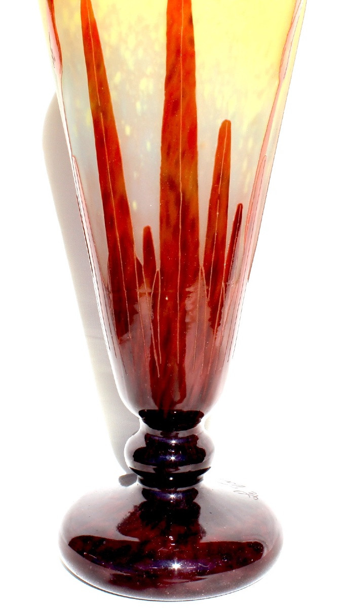 Large Art Deco "orchids" Vase By Schneider French Glass, 39 Cm, Perfect, Daum Gallé Era-photo-3