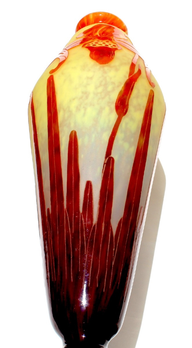 Large Art Deco "orchids" Vase By Schneider French Glass, 39 Cm, Perfect, Daum Gallé Era-photo-4