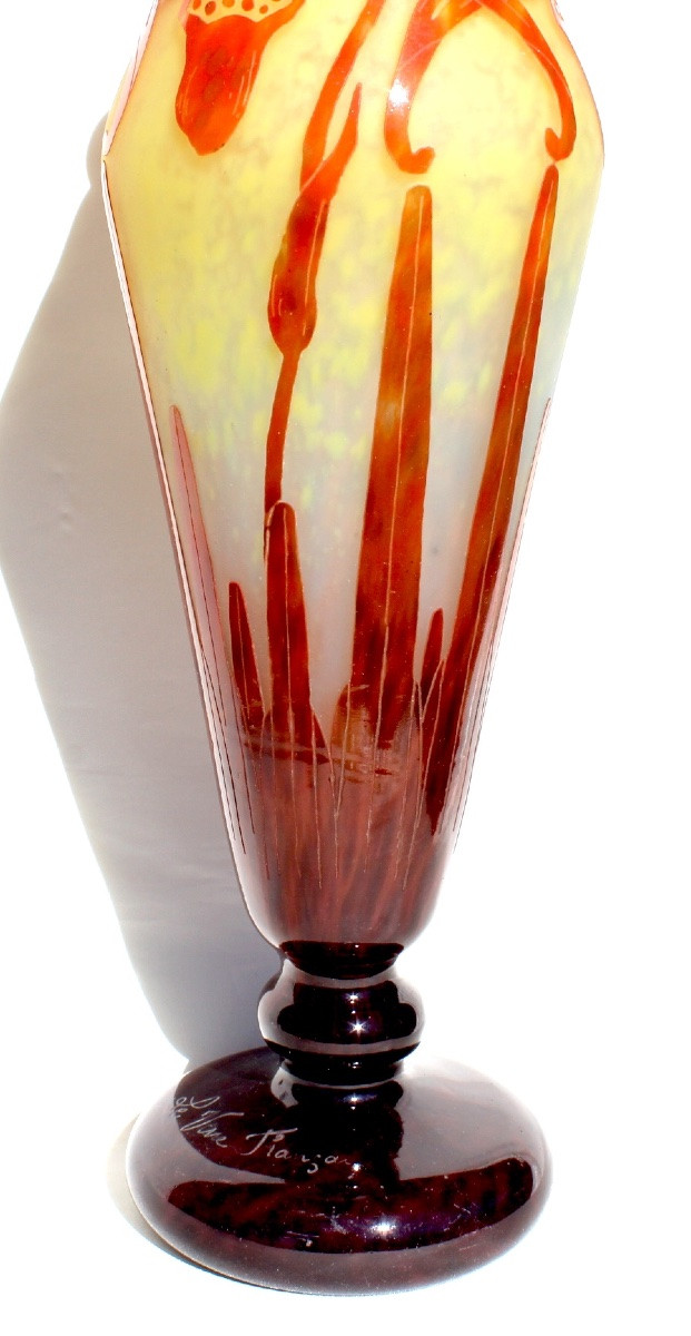Large Art Deco "orchids" Vase By Schneider French Glass, 39 Cm, Perfect, Daum Gallé Era-photo-6