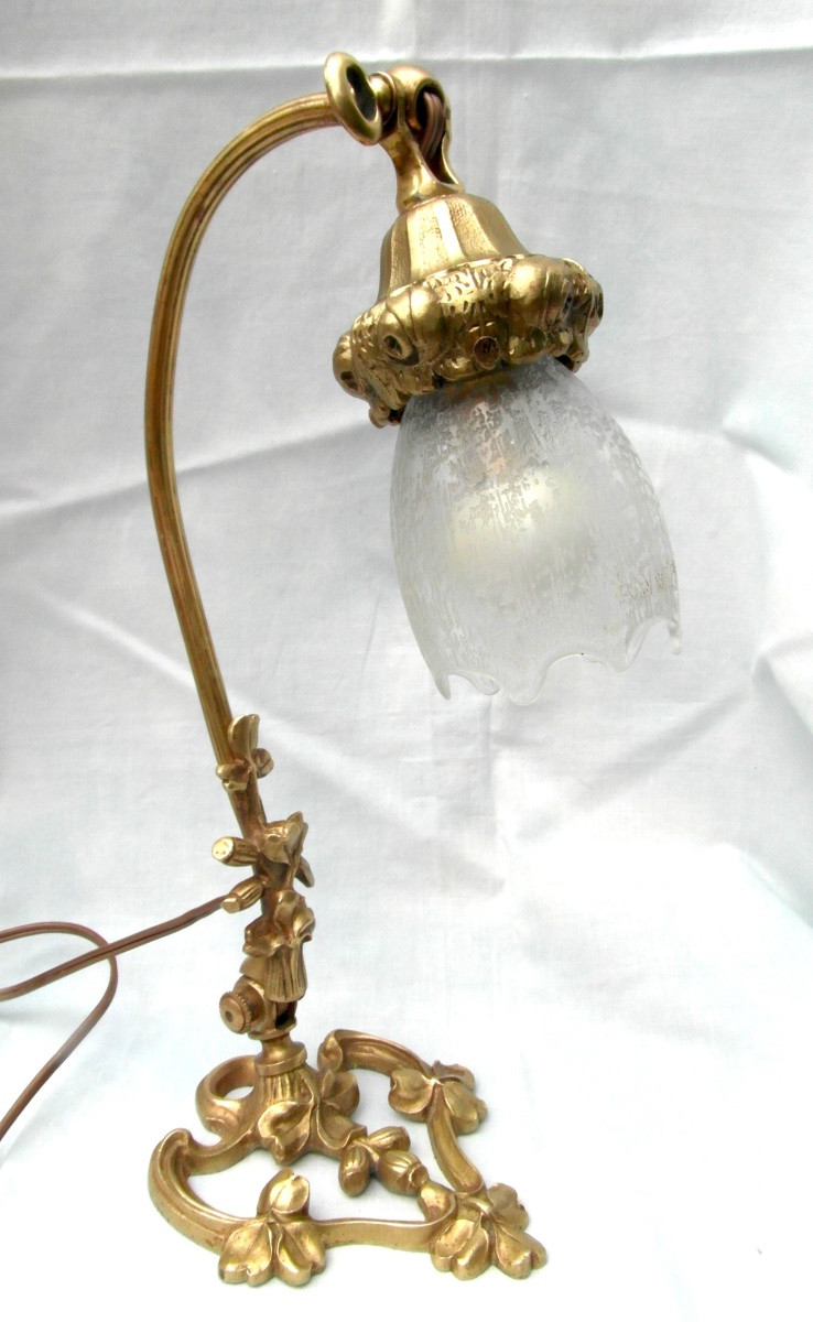 1900 Bedside Lamp With Engraved Daum Tulip And Bronze Base By Laporte, Galle Era-photo-2
