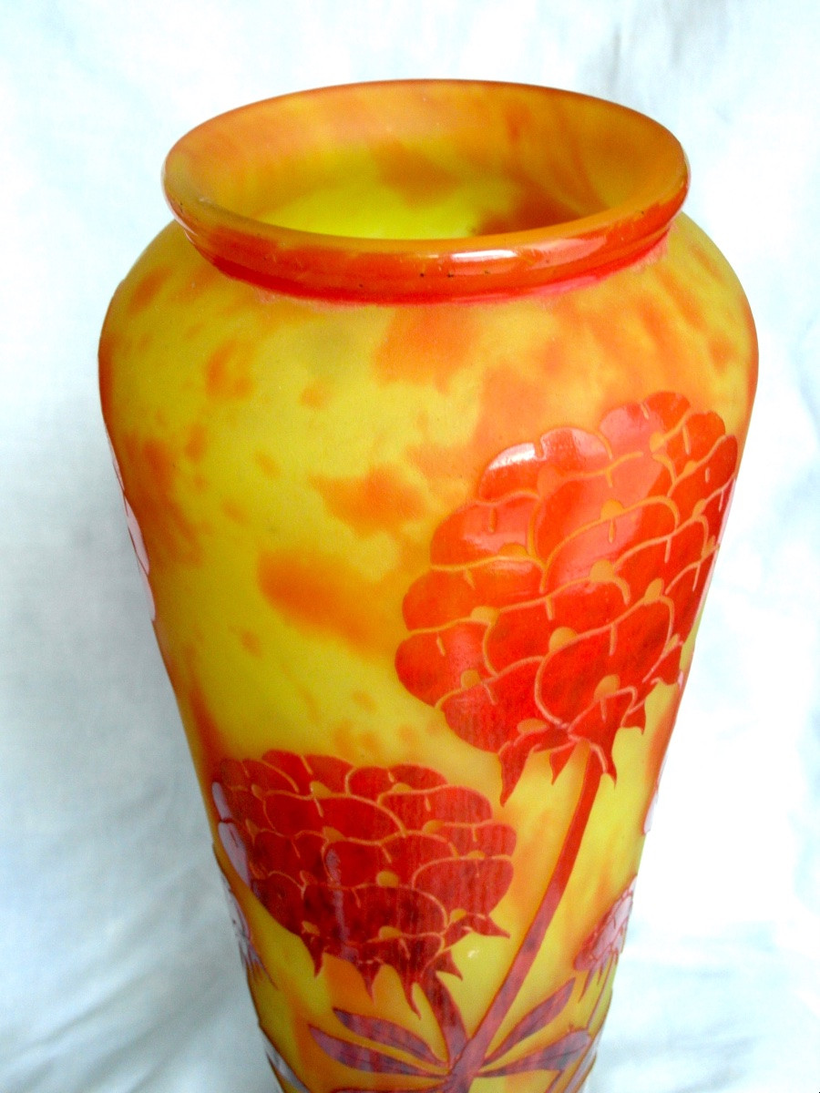 Grand Vase décor Pivoines Le Verre Français Charder, 38,5 Cm, Era Daum Galle 1920-photo-4