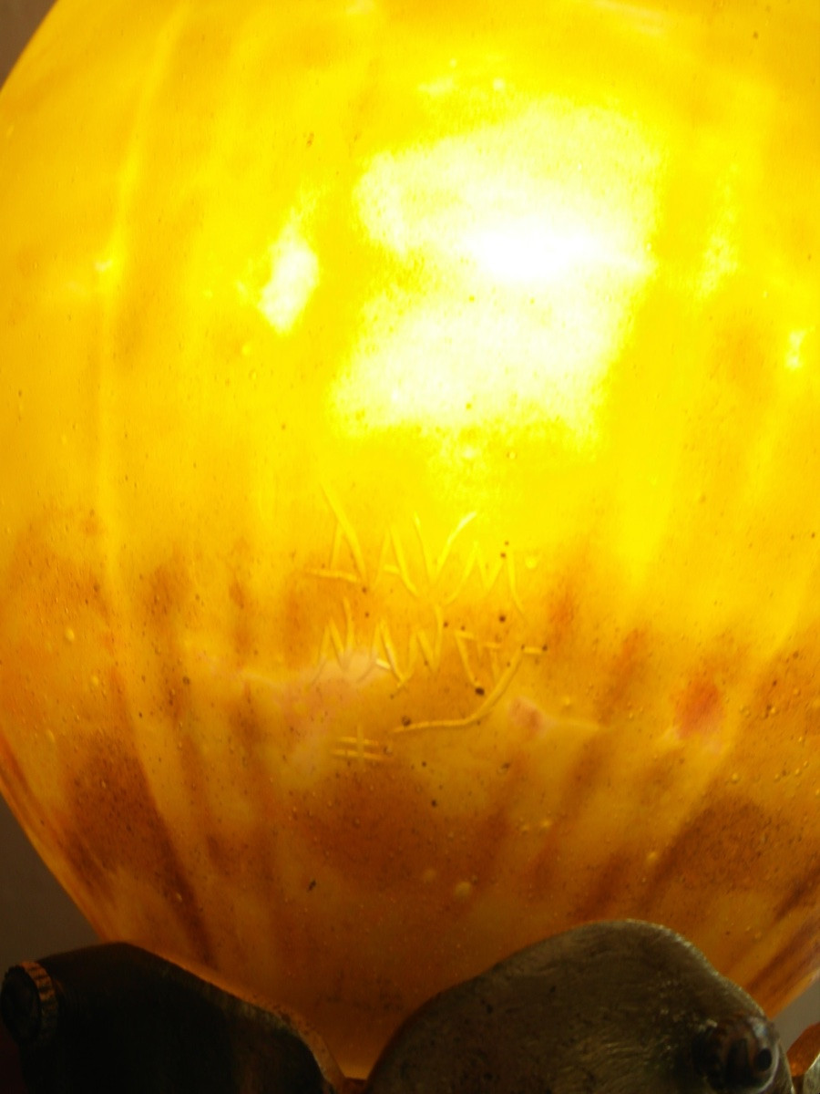 1900 Desk Lamp With Scalloped Daum Tulip And Wrought Iron Base, Galle Brandt Kiss Era-photo-8