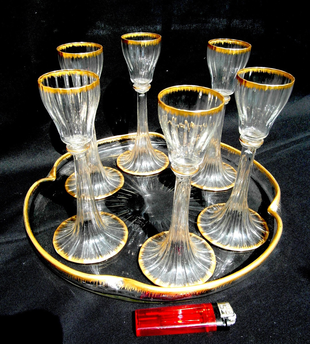  Rare Daum Liqueur Set Of 6 High-stem Glasses And Tray, Perfect, Circa 1890-photo-2