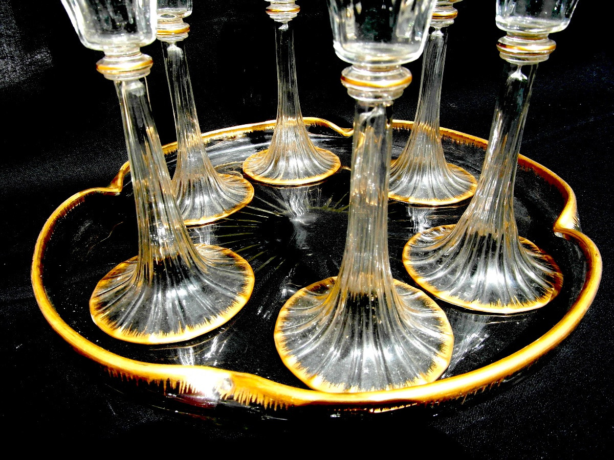  Rare Daum Liqueur Set Of 6 High-stem Glasses And Tray, Perfect, Circa 1890-photo-3