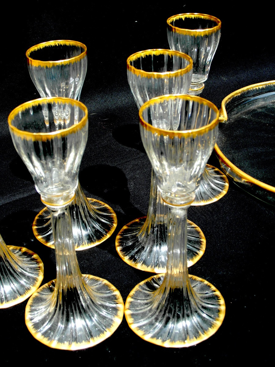  Rare Daum Liqueur Set Of 6 High-stem Glasses And Tray, Perfect, Circa 1890-photo-1