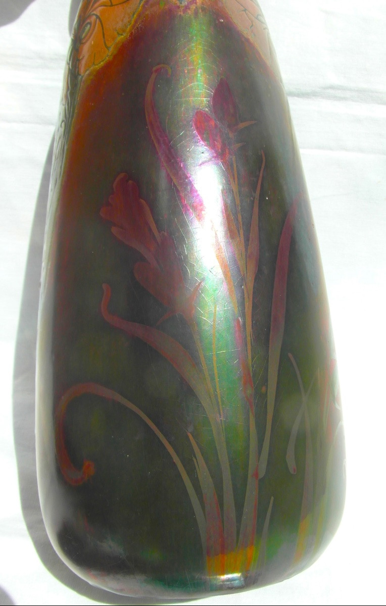 Large Iridescent And Enameled Vase With Carnation Decoration By Montieres, Massier Daum Era 1920-photo-4