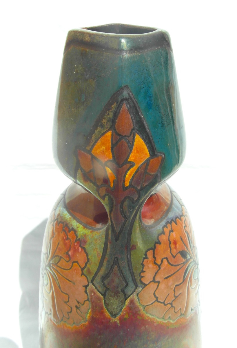 Large Iridescent And Enameled Vase With Carnation Decoration By Montieres, Massier Daum Era 1920-photo-5