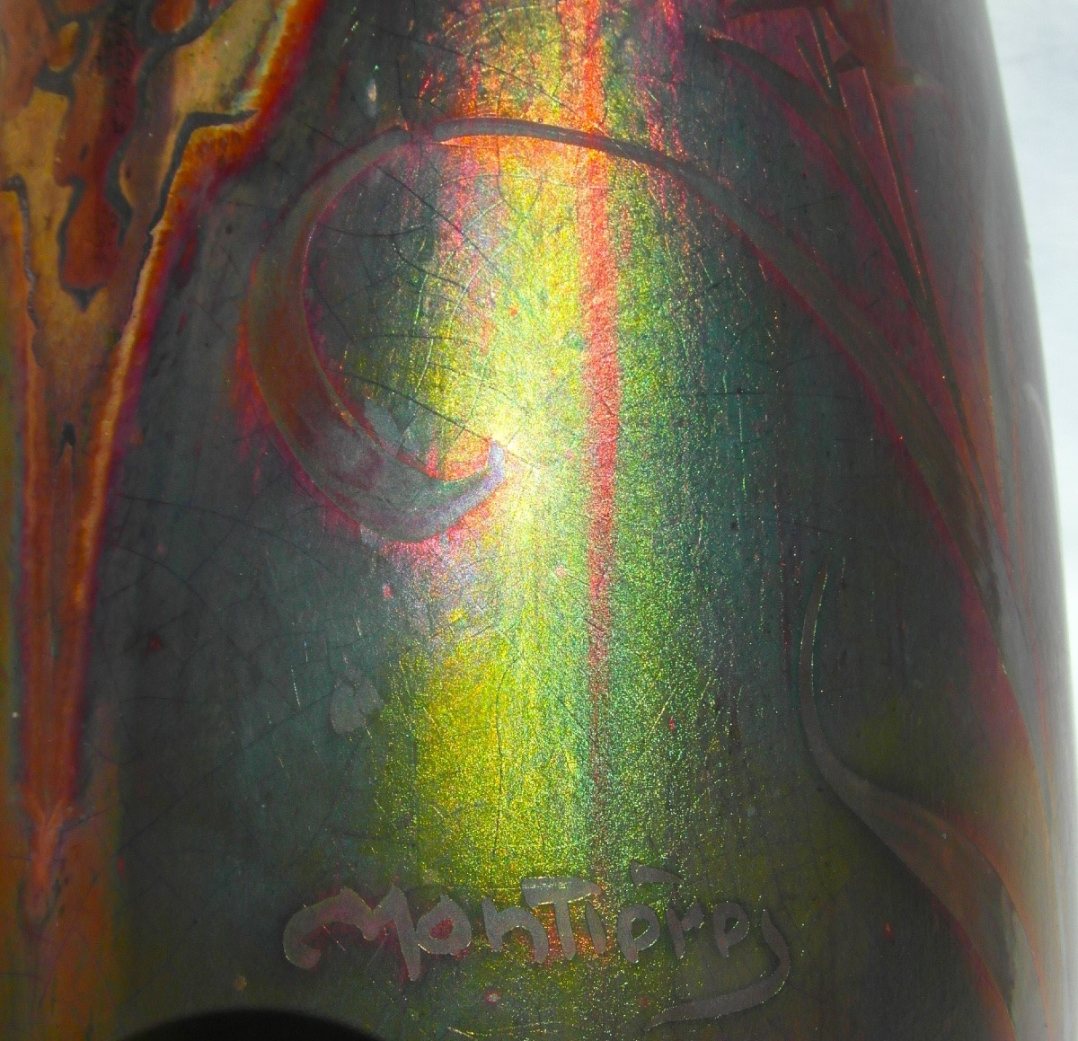 Large Iridescent And Enameled Vase With Carnation Decoration By Montieres, Massier Daum Era 1920-photo-7