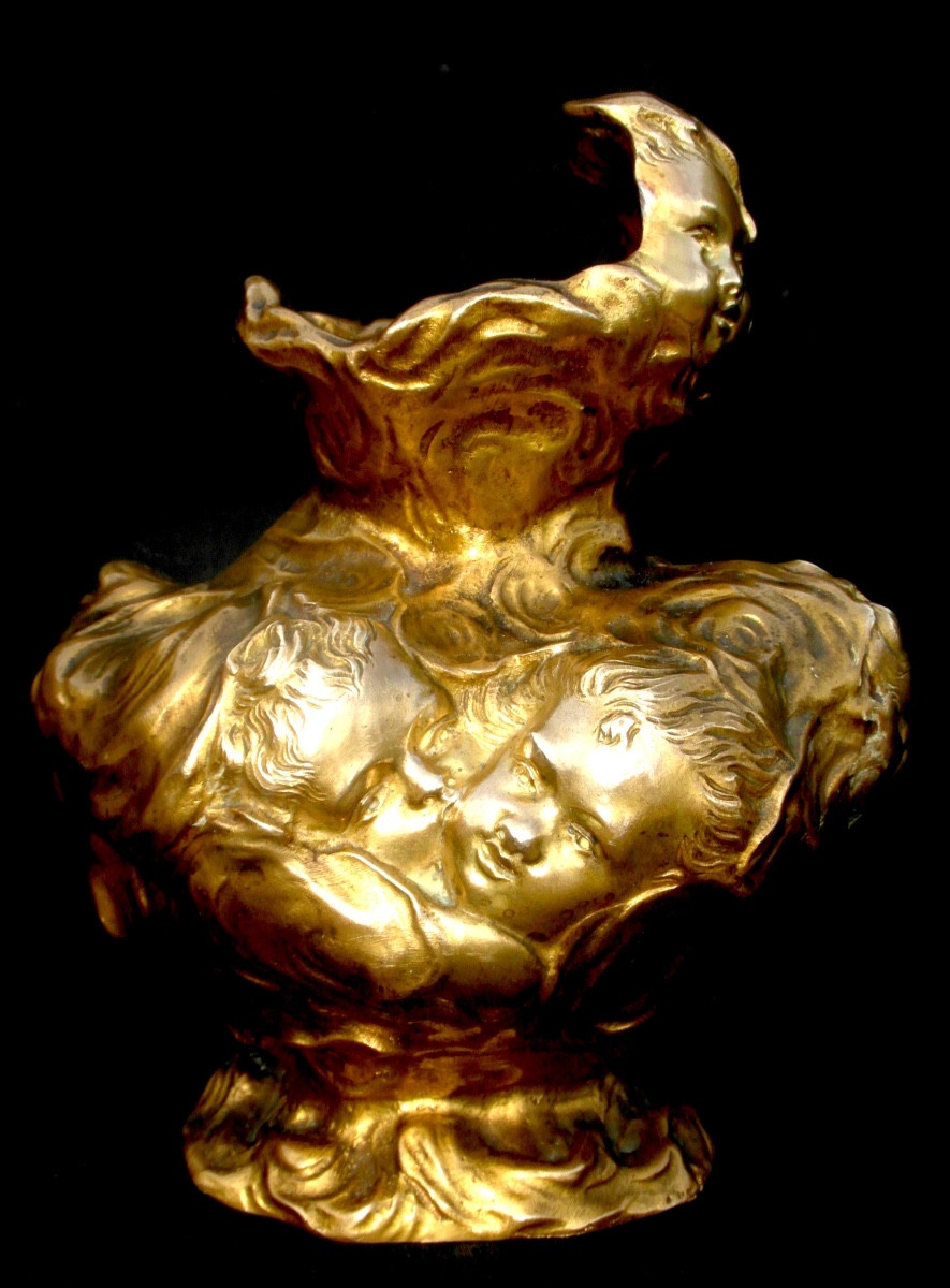 Bronze Vase 1900 "cherubs In The Clouds", By J. Meliodon, Cast Louchet Era Siot Barye