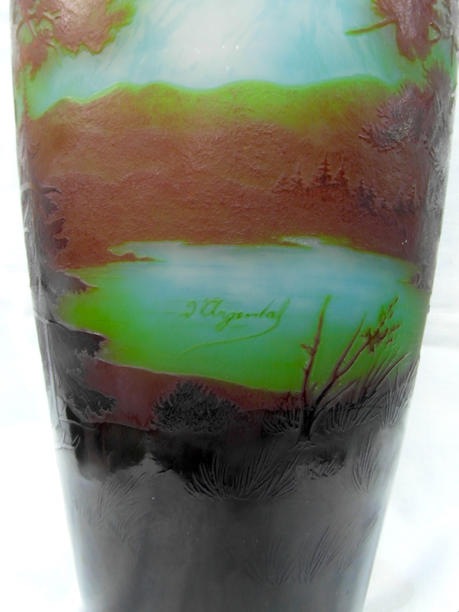 Large Vase With Alpine Decor By Paul Nicolas, Perfect, 35 Cm, Signed d'Argental, Daum Galle Era -photo-4