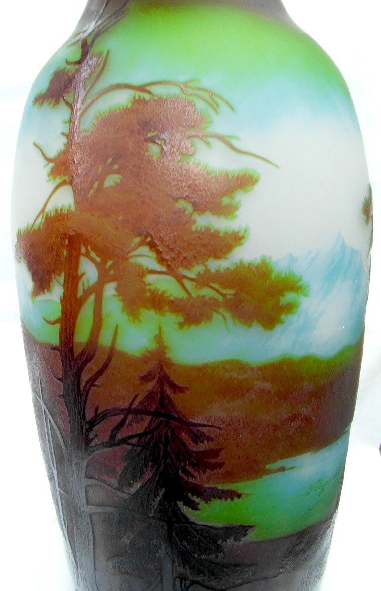 Large Vase With Alpine Decor By Paul Nicolas, Perfect, 35 Cm, Signed d'Argental, Daum Galle Era -photo-6