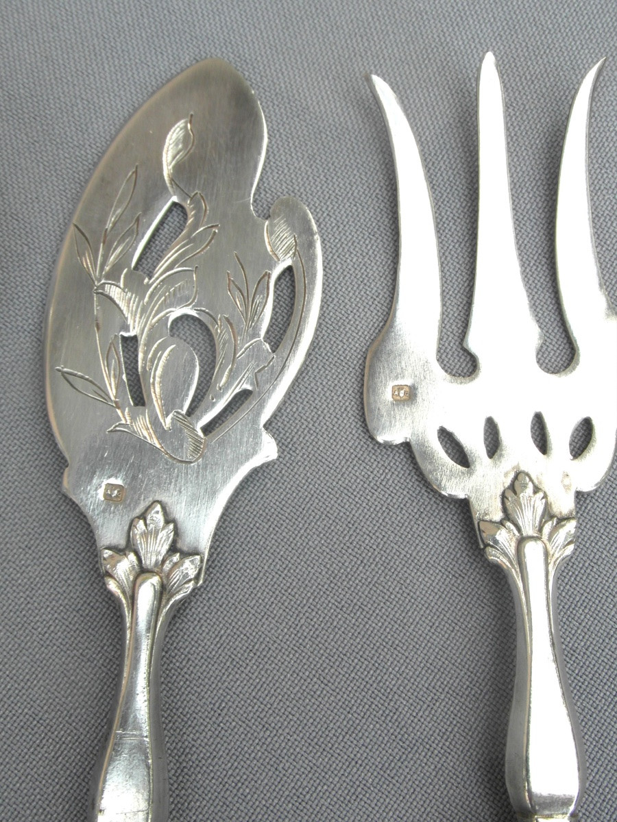  Fin Service a mignardise complet en argent massif, manche et cuillères, vers 1900-photo-5