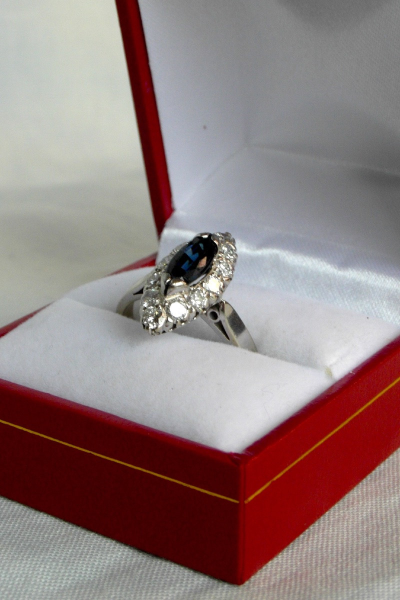 Navette Ring With 1.3 Carat Sapphire And 1.2 Carat Diamonds, White Gold, Hallmarked.-photo-2