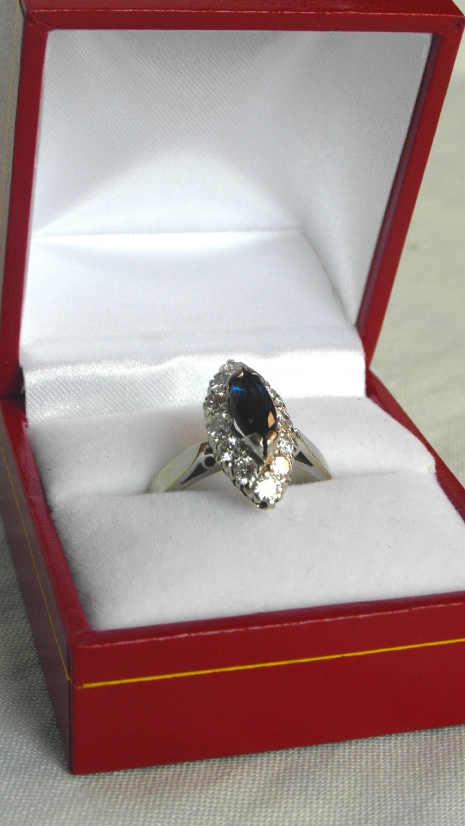 Navette Ring With 1.3 Carat Sapphire And 1.2 Carat Diamonds, White Gold, Hallmarked.-photo-3