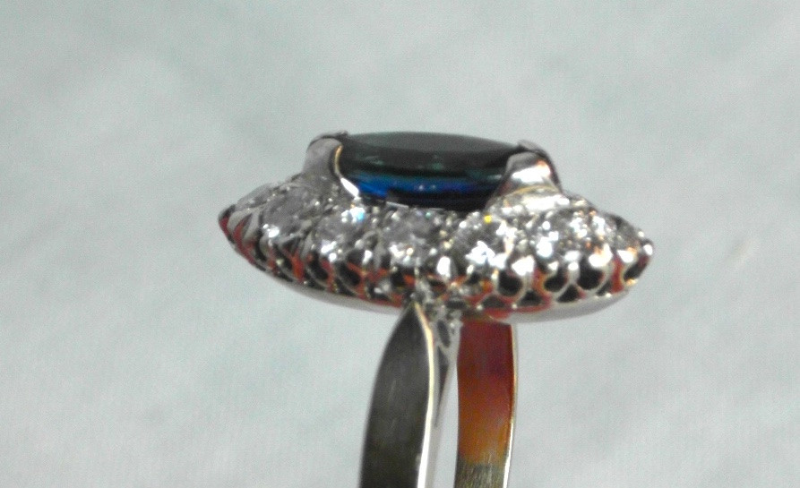 Navette Ring With 1.3 Carat Sapphire And 1.2 Carat Diamonds, White Gold, Hallmarked.-photo-4