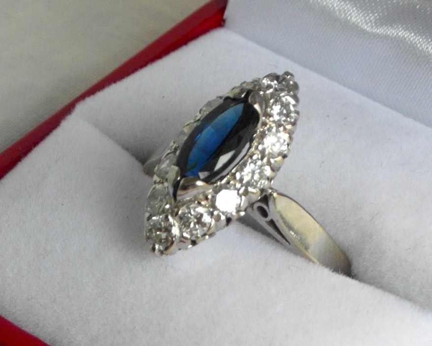 Navette Ring With 1.3 Carat Sapphire And 1.2 Carat Diamonds, White Gold, Hallmarked.-photo-1