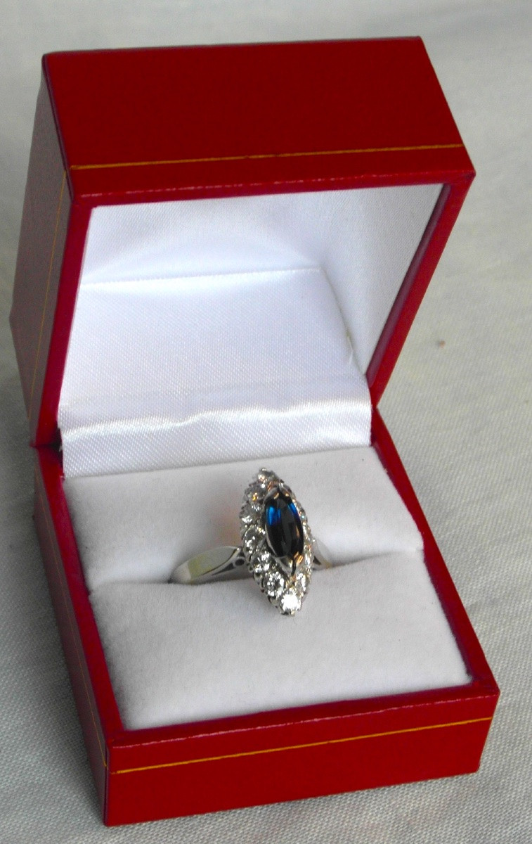 Navette Ring With 1.3 Carat Sapphire And 1.2 Carat Diamonds, White Gold, Hallmarked.-photo-2