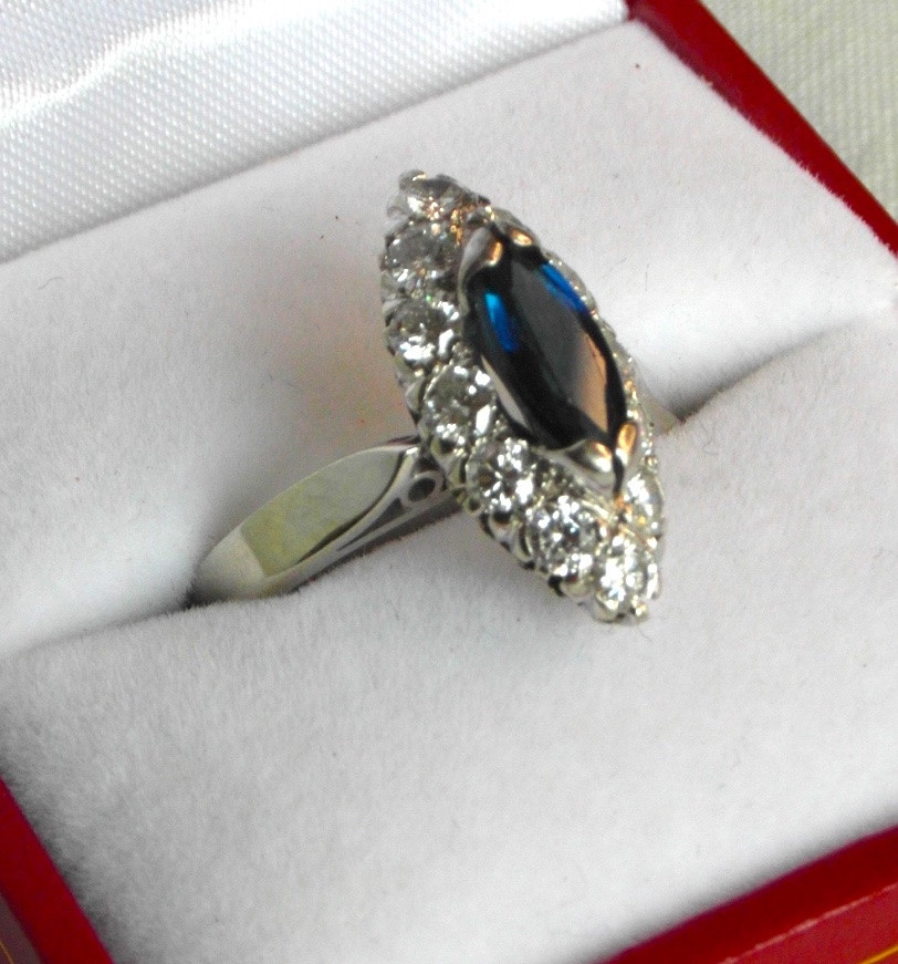 Navette Ring With 1.3 Carat Sapphire And 1.2 Carat Diamonds, White Gold, Hallmarked.-photo-3